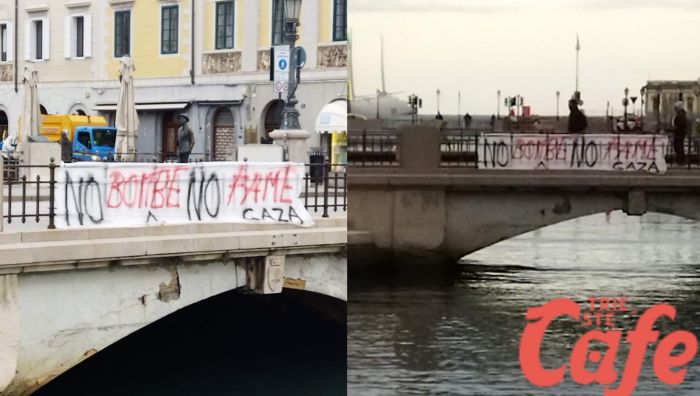 Striscione pro-Palestina questa mattina sul Canal Grande a Trieste 