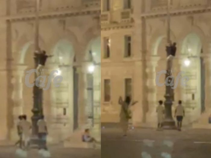 Sabato notte alternativo in piazza Unità, scambiano lampione per una pertica (VIDEO) 