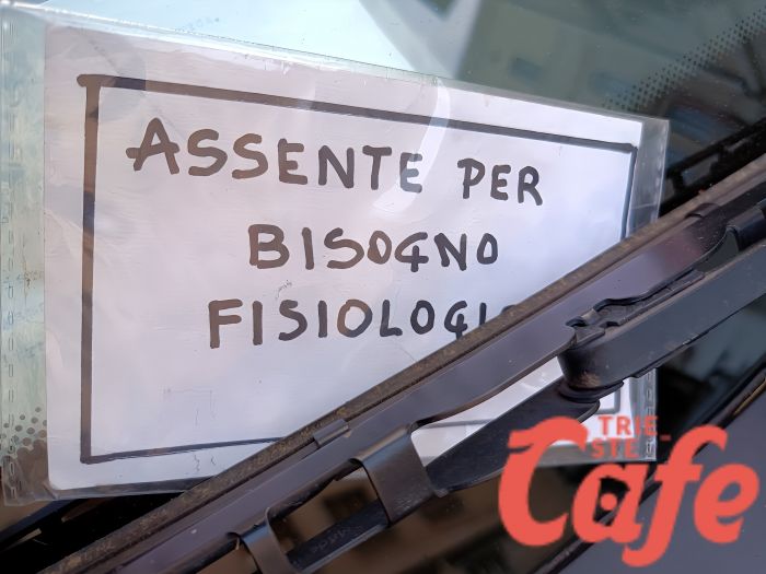 Parcheggio creativo a Trieste: “Assente per bisogno fisiologico”, spunta il cartello con morbin
