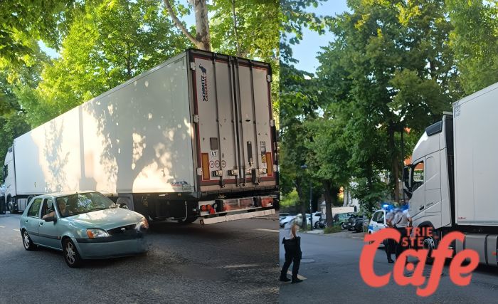 Camion incastrato in via Rossetti: manovra azzardata fino all’arrivo della polizia locale
