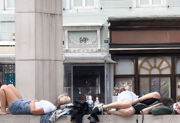 Turisti riposano beatamente in piazza Goldoni in pieno giorno 