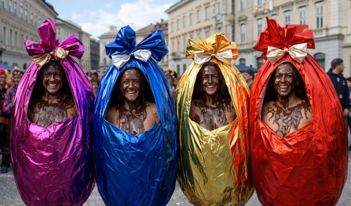 Trieste, flash mob di Pasqua pieno di morbin: tutti vestiti da uova in piazza Unità