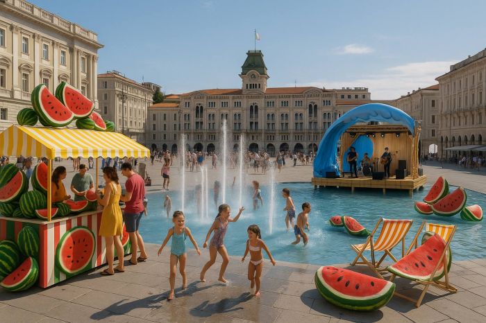 “La piazza Unità che vorrei”: un sogno d’estate tra cocomeri galleggianti, risate e musica sull’acqua