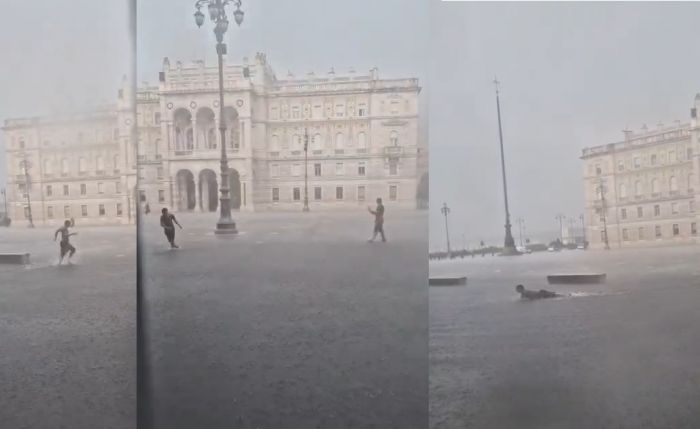 Maltempo & Morbin.. tuffo acquatico in piazza Unità! Si bagna tutto, ma è FELICE!!!!!! (VIDEO) 
