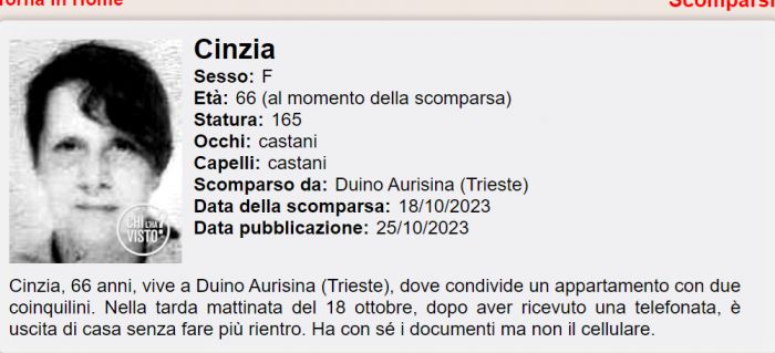 "Chi l'ha visto", scomparsa da Duino la 66enne Cinzia, ricerche in corso (APPELLO) 