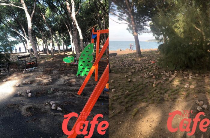 La mareggiata a Barcola danneggia anche la Pineta e le aree di gioco per bimbi (FOTO) 