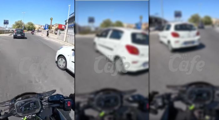 Via Flavia: auto taglia la strada a centauro alla rotonda,  rischiando di mandarlo all'ospedale (VIDEO)