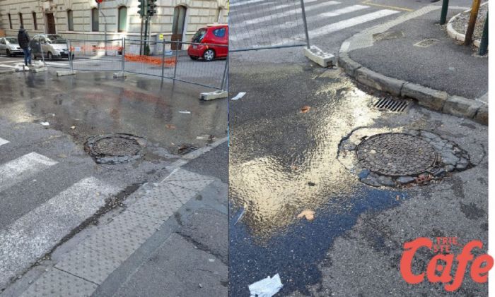 Allagamento in via Udine, traffico bloccato e strada chiusa per lavori