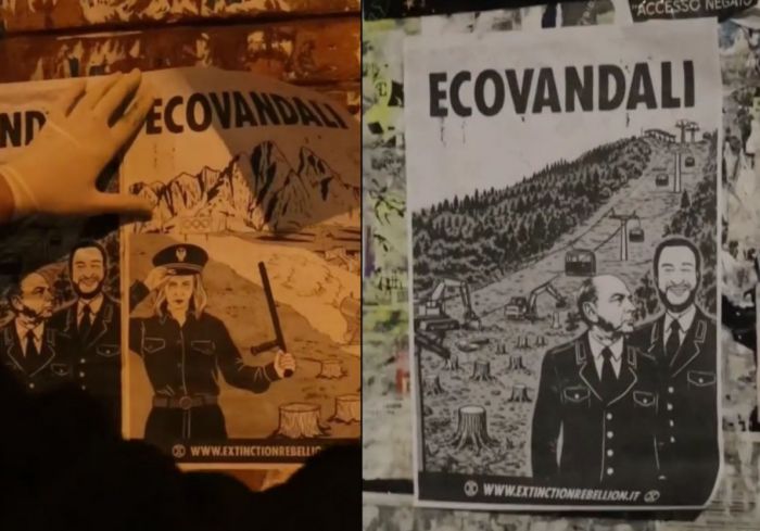 Trieste, blitz di Extinction Rebellion: manifesti "Ecovandali" con i volti di Meloni, Salvini e Dipiazza