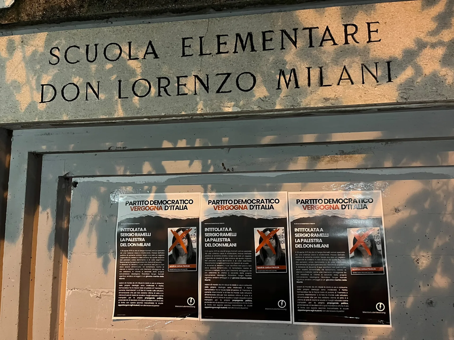 Manifesti del Blocco Studentesco davanti alla Don Milani: «Partito Democratico vergogna d’Italia»
