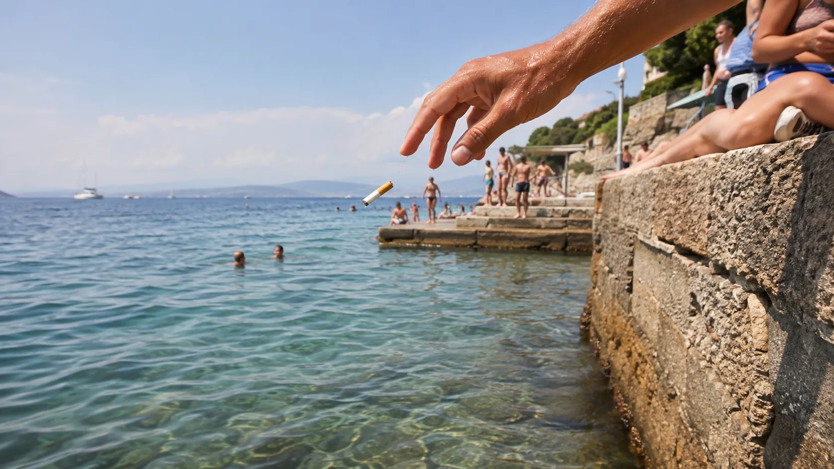 Trieste, cicche di sigaretta buttate in mare: la rabbia di un cittadino, «Ma non vi vergognate?»