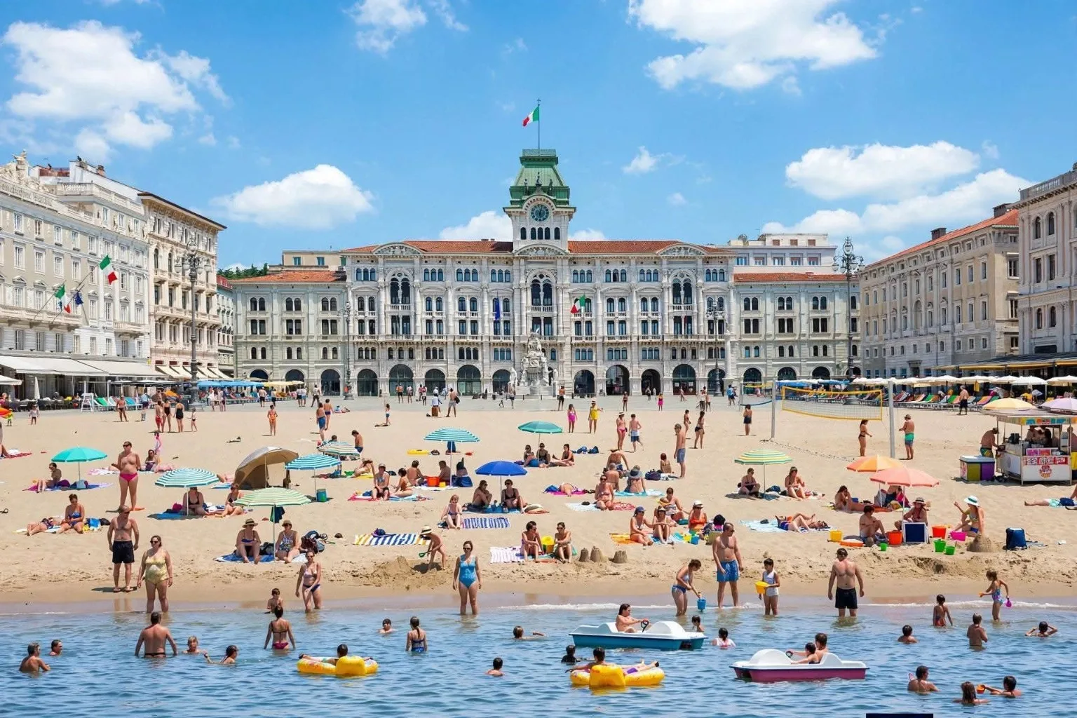 Trieste, ombrelloni, pedalò e sabbia davanti al Municipio: la proposta che scatena il morbin