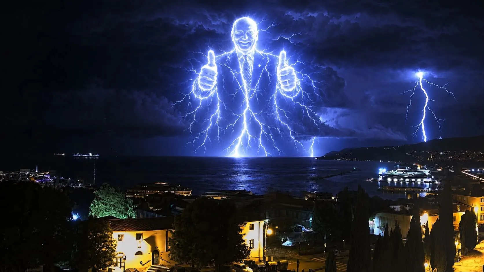 Trieste sotto il temporale, tra i fulmini compare “Super Dipiazza”: la foto che strappa un sorriso