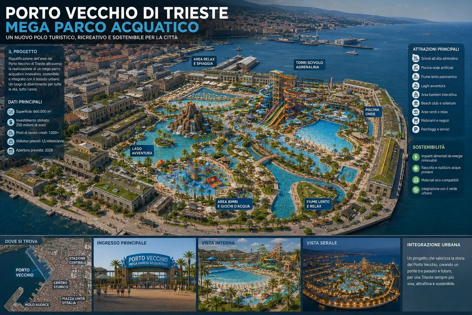 Trieste da record mondiale: un cittadino immagina il più grande parco acquatico d’Europa nel Porto Vecchio